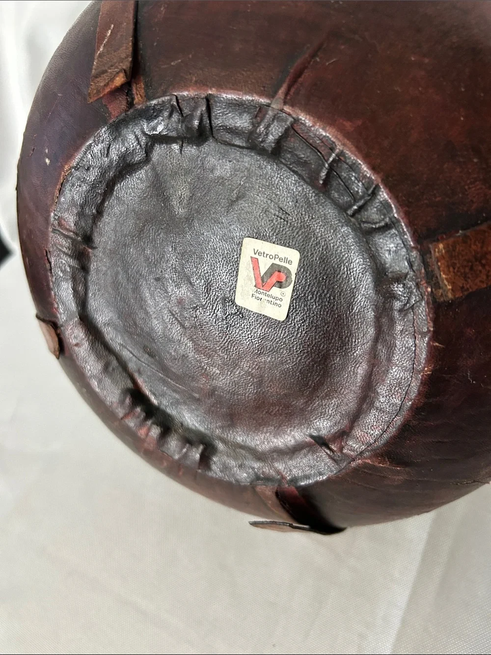 vintage Italian wine decanter covered in hand-tooled brown leather - no stopper